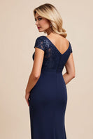 Load image into Gallery viewer, Navy Chiffon Sheath Boat Neck Mother of the Bride Dress with Slit