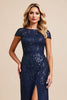 Load image into Gallery viewer, Navy Chiffon Sheath Boat Neck Mother of the Bride Dress with Slit