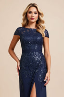 Load image into Gallery viewer, Navy Chiffon Sheath Boat Neck Mother of the Bride Dress with Slit