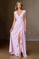 Load image into Gallery viewer, Candy Pink Satin A Line Long Mother of the Bride Dress with Ruffles