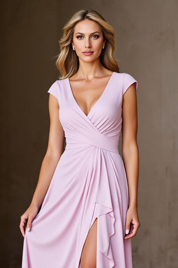 Candy Pink Satin A Line Long Mother of the Bride Dress with Ruffles