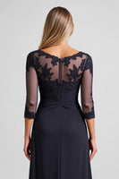 Load image into Gallery viewer, Navy Chiffon A Line Boat Neck Mother of the Bride Dress with Lace