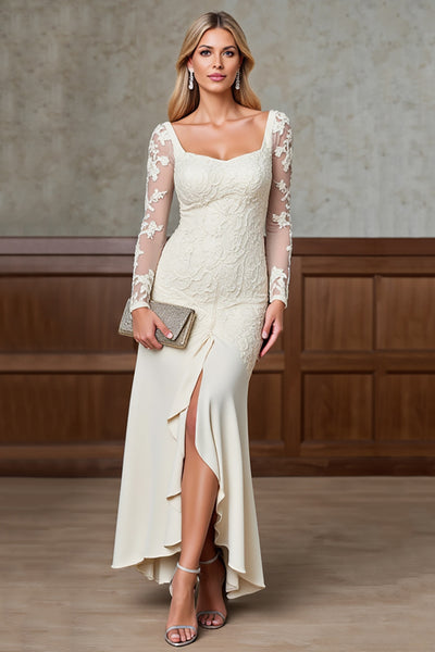 Champagne Satin Square Sheath Mother of the Bride Dress with Slit