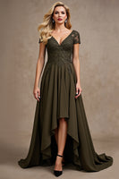 Load image into Gallery viewer, Olive Satin A Line High-Low Mother of the Bride Dress with Lace