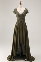 Load image into Gallery viewer, Olive Satin A Line High-Low Mother of the Bride Dress with Lace