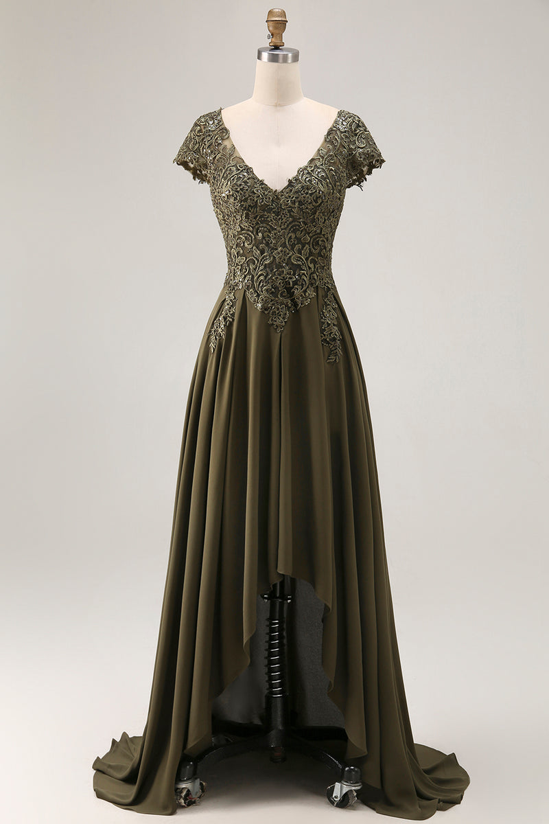 Load image into Gallery viewer, Olive Satin A Line High-Low Mother of the Bride Dress with Lace
