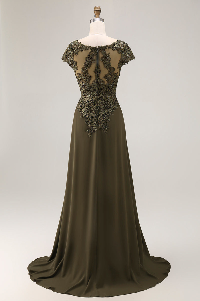 Load image into Gallery viewer, Olive Satin A Line High-Low Mother of the Bride Dress with Lace