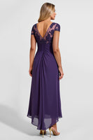 Load image into Gallery viewer, Purple Satin Sheath Asymmetrical Mother of the Bride Dress with Lace