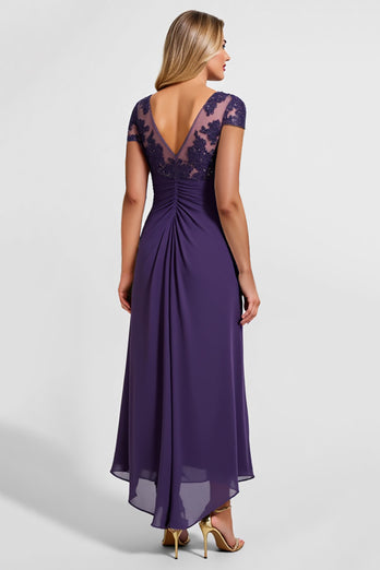 Purple Satin Sheath Asymmetrical Mother of the Bride Dress with Lace