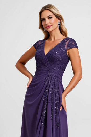 Purple Satin Sheath Asymmetrical Mother of the Bride Dress with Lace
