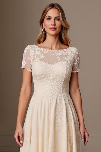 Apricot A Line Chiffon Boat Neck Long Mother of the Bride Dress