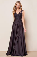Load image into Gallery viewer, Black Satin A Line V Neck Mother of the Bride Dress with Lace