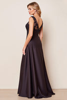 Load image into Gallery viewer, Black Satin A Line V Neck Mother of the Bride Dress with Lace