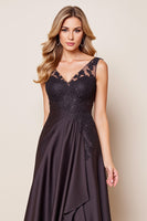 Load image into Gallery viewer, Black Satin A Line V Neck Mother of the Bride Dress with Lace