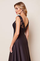 Load image into Gallery viewer, Black Satin A Line V Neck Mother of the Bride Dress with Lace