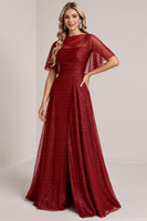 Load image into Gallery viewer, Sparkly Burgundy Illusion Boat Neck Organza Long Bridesmaid Dress