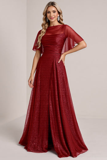 Sparkly Burgundy Illusion Boat Neck Organza Long Bridesmaid Dress