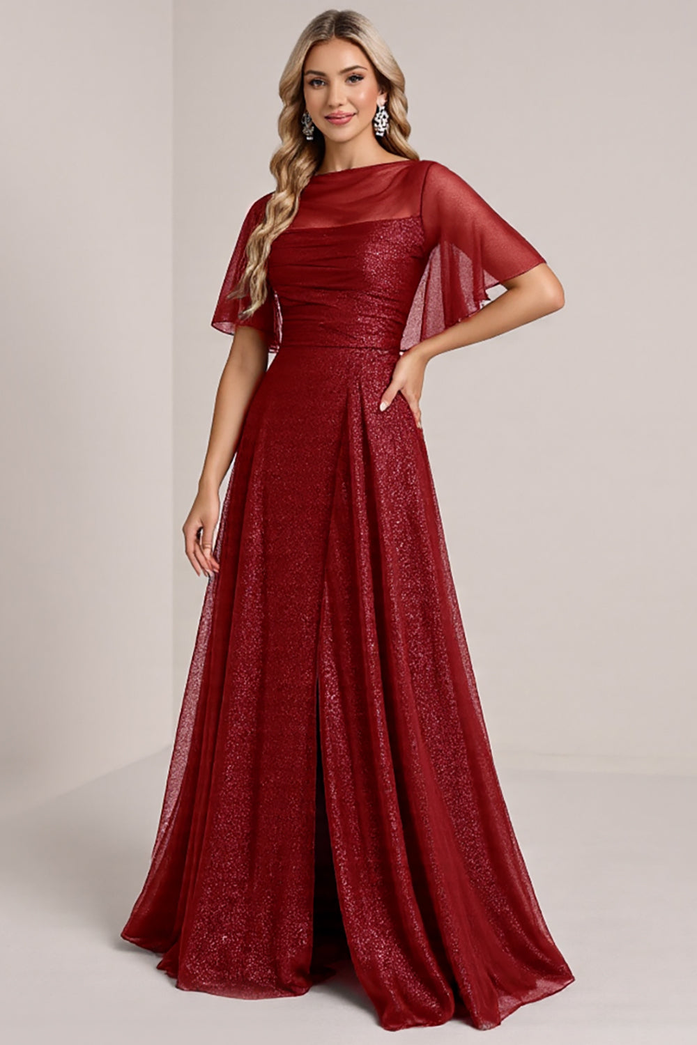 Sparkly Burgundy Illusion Boat Neck Organza Long Bridesmaid Dress