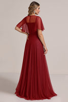 Load image into Gallery viewer, Sparkly Burgundy Illusion Boat Neck Organza Long Bridesmaid Dress