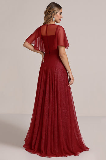 Sparkly Burgundy Illusion Boat Neck Organza Long Bridesmaid Dress