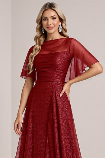 Sparkly Burgundy Illusion Boat Neck Organza Long Bridesmaid Dress
