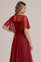 Load image into Gallery viewer, Sparkly Burgundy Illusion Boat Neck Organza Long Bridesmaid Dress