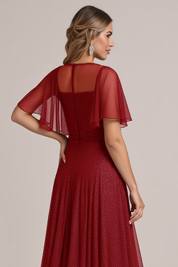Sparkly Burgundy Illusion Boat Neck Organza Long Bridesmaid Dress