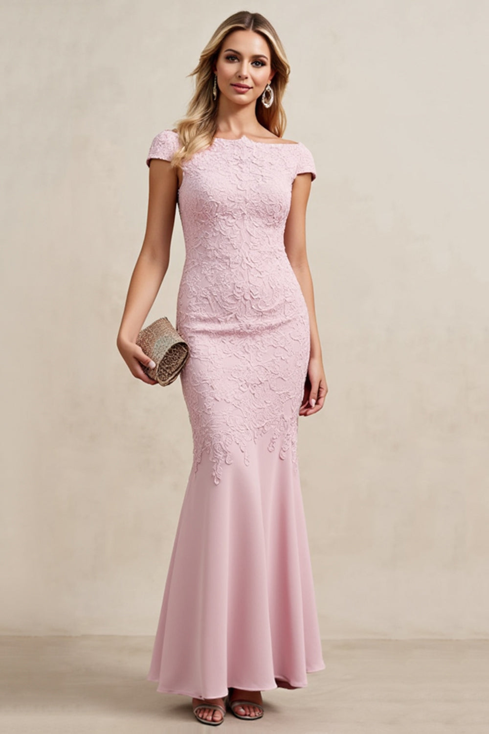 Candy Pink Boat Neck Mermaid Long Mother of Bride Dress