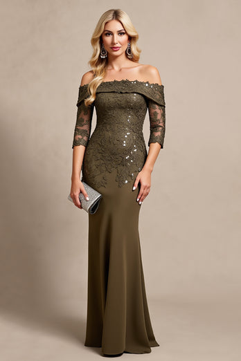 Olive Satin Mermaid Long Mother of the Bride Dress with Lace