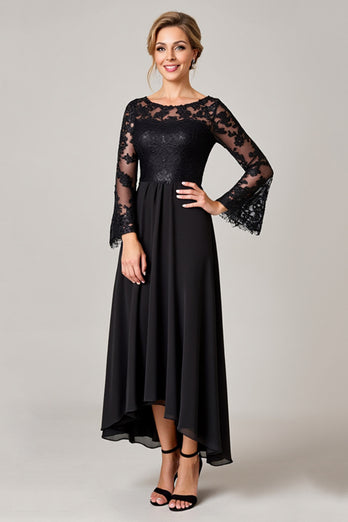 Sparkly Black A Line Boat Neck Long Mother of the Bride Dress with Lace