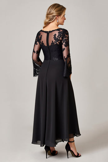 Sparkly Black A Line Boat Neck Long Mother of the Bride Dress with Lace