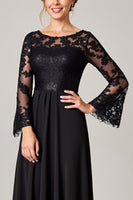 Load image into Gallery viewer, Sparkly Black A Line Boat Neck Long Mother of the Bride Dress with Lace