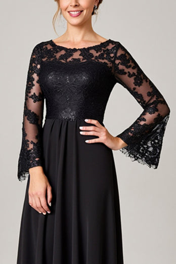 Sparkly Black A Line Boat Neck Long Mother of the Bride Dress with Lace
