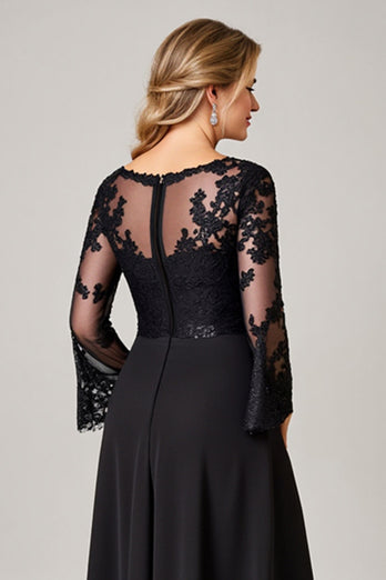 Sparkly Black A Line Boat Neck Long Mother of the Bride Dress with Lace