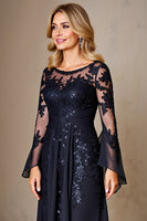 Load image into Gallery viewer, Sparkly Navy A Line Long Sleeves Mother of the Bride Dress