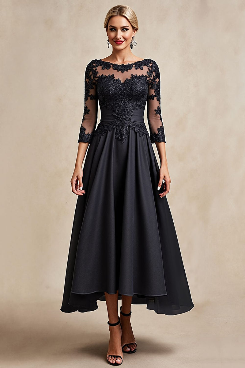 Load image into Gallery viewer, Black A Line Chiffon Boat Neck Long Mother of the Bride Dress with Lace