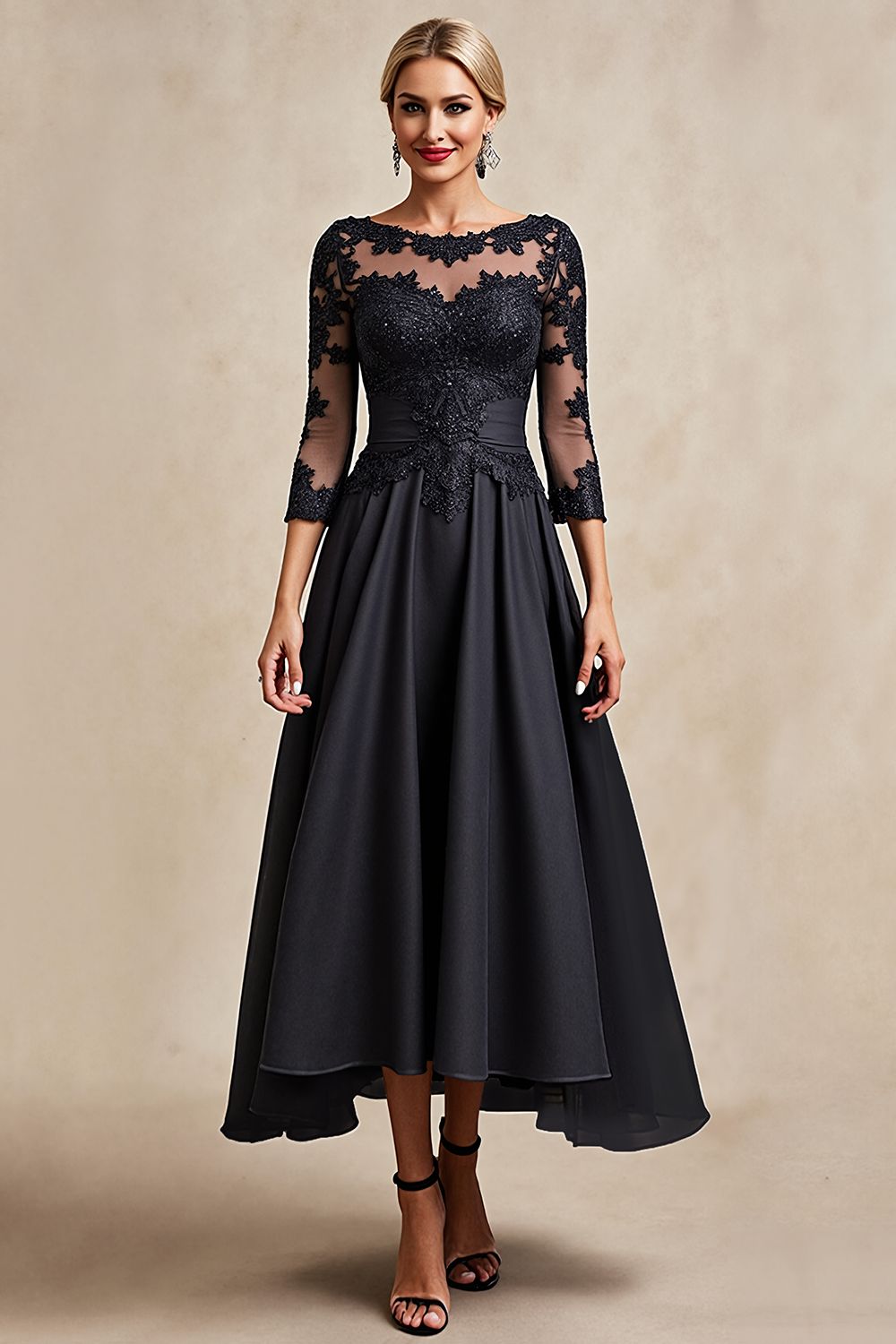 Black A Line Chiffon Boat Neck Long Mother of the Bride Dress with Lace