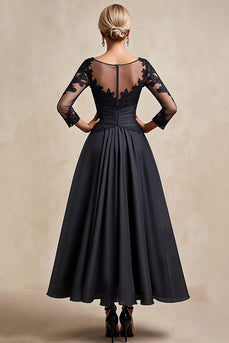 Black A Line Chiffon Boat Neck Long Mother of the Bride Dress with Lace