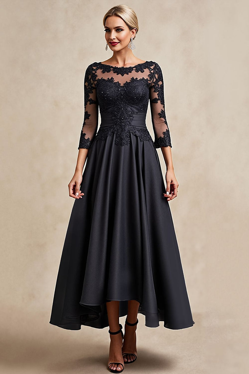 Load image into Gallery viewer, Black A Line Chiffon Boat Neck Long Mother of the Bride Dress with Lace