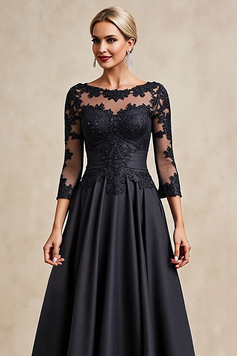 Load image into Gallery viewer, Black A Line Chiffon Boat Neck Long Mother of the Bride Dress with Lace