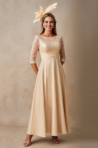 Champagne A Line Boat Neck Long Mother of the Bride Dress
