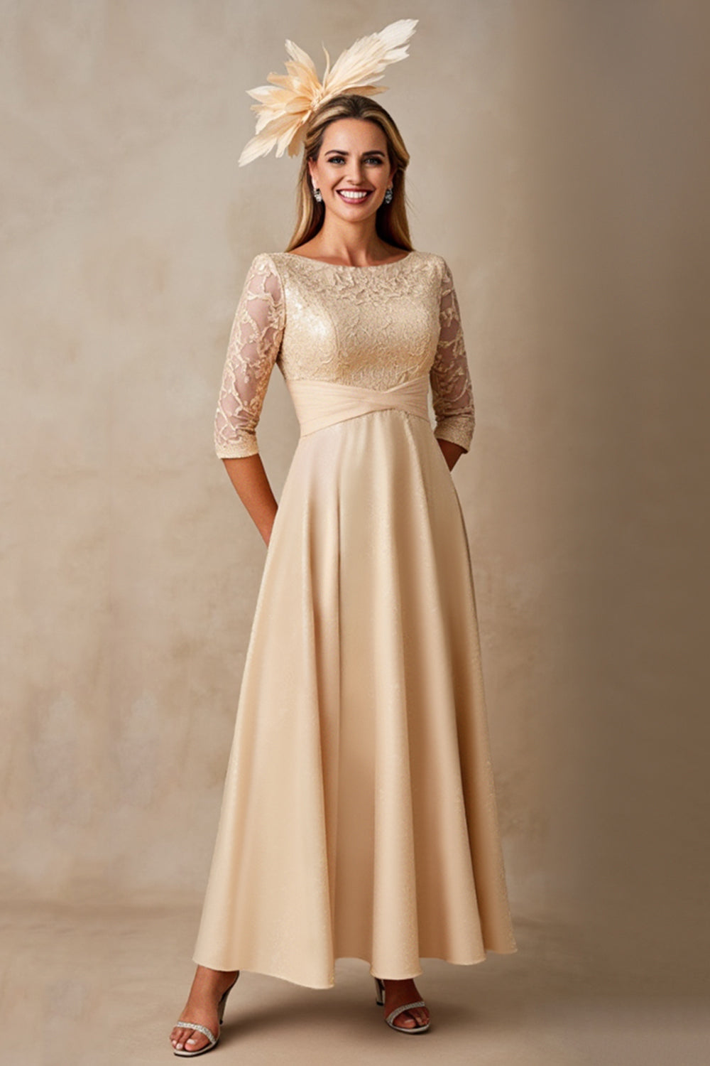 Champagne A Line Boat Neck Long Mother of the Bride Dress