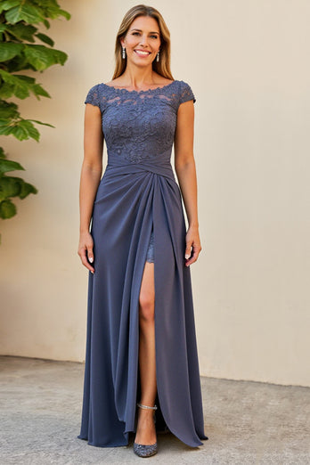 Twilight Ruched Boat Neck Long Mother of the Bride Dress with Slit