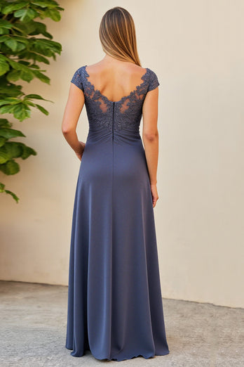 Twilight Ruched Boat Neck Long Mother of the Bride Dress with Slit