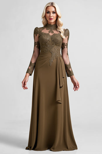 Olive Sheath Ruffled Long Sleeves Mother of the Bride Dress with Lace