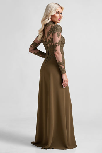 Olive Sheath Ruffled Long Sleeves Mother of the Bride Dress with Lace