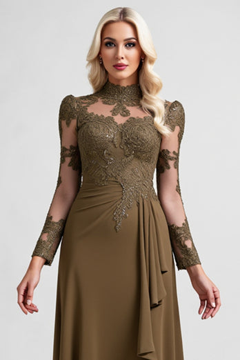 Olive Sheath Ruffled Long Sleeves Mother of the Bride Dress with Lace