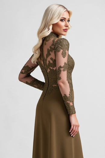 Olive Sheath Ruffled Long Sleeves Mother of the Bride Dress with Lace