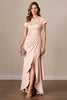 Load image into Gallery viewer, Apricot Sheath V-Neck Ruched Long Mother of the Bride Dress with Slit