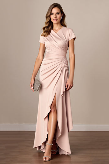 Apricot Sheath V-Neck Ruched Long Mother of the Bride Dress with Slit
